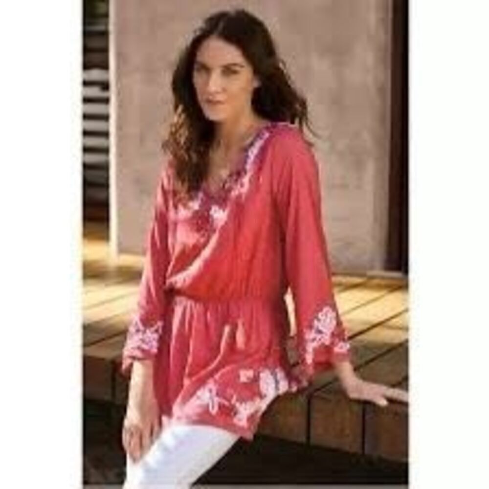 Soft Surroundings Women's Xs Embroidered Peplum Tunic Blouse Coral Red Bohemian